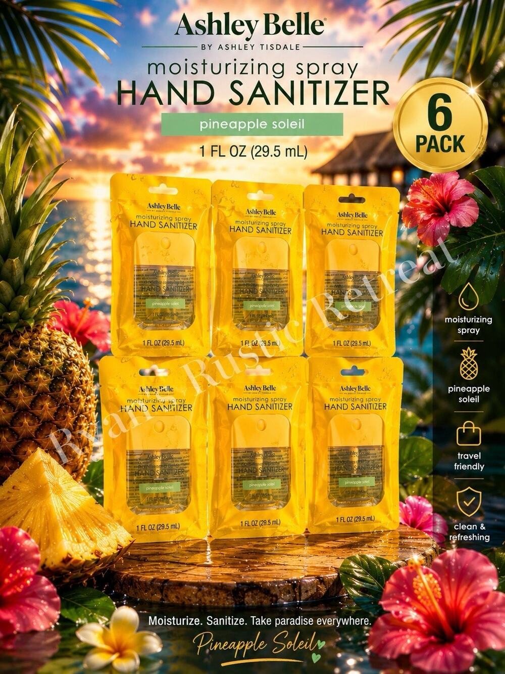 Lot of 6 Ashley Belle Moisturizing Spray Hand Sanitizers in Pineapple Soleil